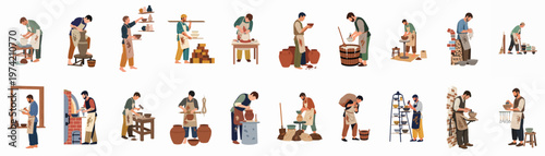 Flat Vector Illustrations of Potters Crafting Ceramic Ware, Working on Wheels, Glazing, and Organizing Handmade Clay Pieces in a Creative Pottery Workshop.