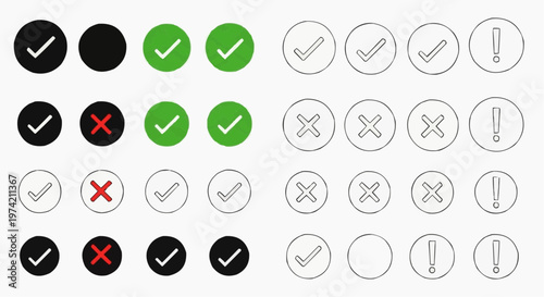 Set of flat UI interface icons with checkmarks, cross marks and exclamation points in solid and circular outline styles