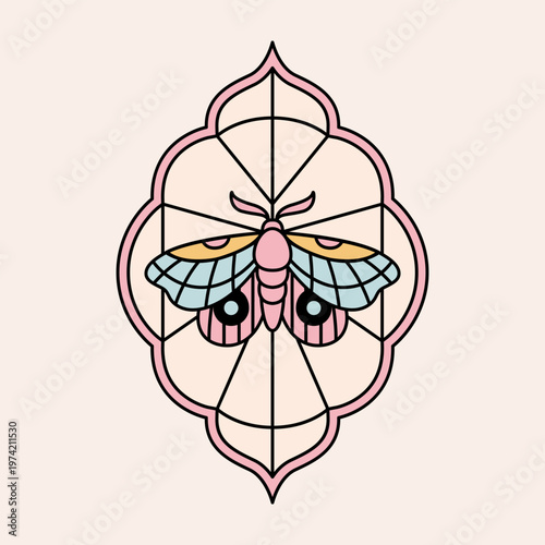 Colouful stained glass window with geometric moth ornament. Abstract groovy border with butterfly engraving. Minimalist insect in outline frame. Vector graphic
