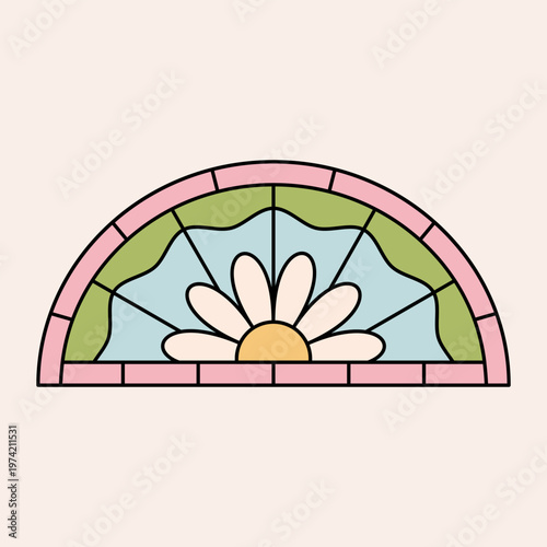 Colouful stained glass fanlight window with geometric groovy flower ornament. Abstract half circle border with daisy engraving. Outline frame with minimalist botanical design. Vector graphic