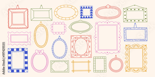 Set of colorful doodle dopamine frames with decorative swirls, waves, scalloped edges and ornate details. Empty pictures gallery line illustration. Hand-drawn vintage borders. Vector graphic