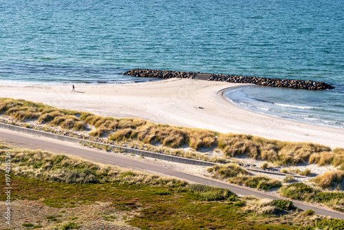 Anholt Nordstrand from Nordbjerg, Anholt island, Denmark, with sandy beach, breakwater and Kattegat coastline