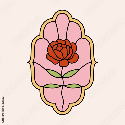 Colouful stained glass window with geometric rose ornament. Vintage abstract border with flower engraving. Minimalist botanical design of outline frame. Vector graphic