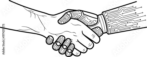 Minimalist human and robot AI handshake line art, "Created with AI assistance and manually refined."