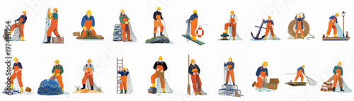 Comprehensive collection of professional fisherman characters in orange overalls performing various maritime activities like netting, hauling, and sorting fish.