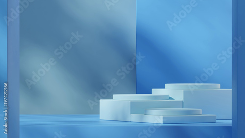 3d image render empty scene blue color block and cylinder in landscape block backdrop