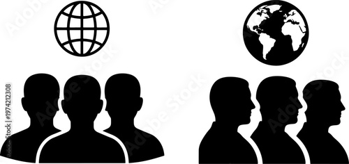Global business teamwork concept with silhouettes and world globe icons