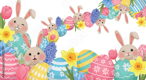 Cute Easter Bunny and Colorful Egg Border with Spring Flowers Illustration