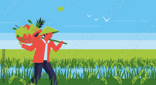 Man carrying a basket of vegetables.