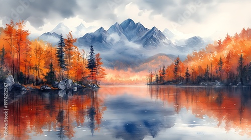 Autumnal mountain lake landscape