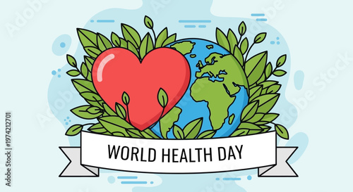 World Health Day concept: Heart, Earth, and green leaves symbolizing global health and well-being.