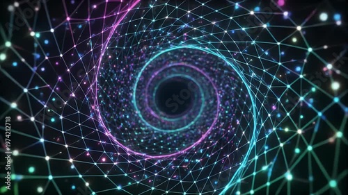 Abstract digital network vortex with glowing points and lines.
