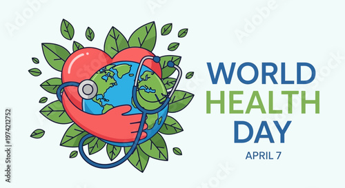 World Health Day illustration: Heart embraces Earth with stethoscope, surrounded by leaves