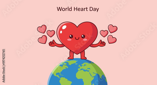 World Heart Day Cute Heart Character on Earth with Love Hearts
