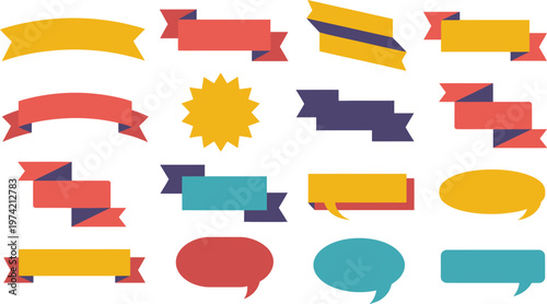  including banners, ribbons, speech bubbles, and starburst shapes in red, yellow, blue, and purple