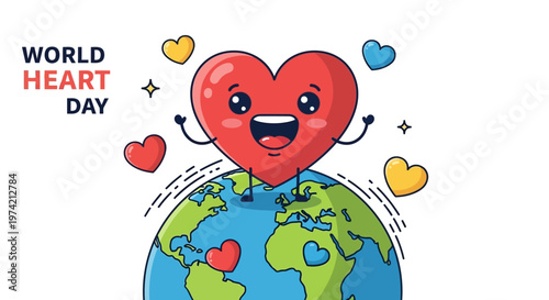 World Heart Day: Happy Heart Character on Earth, Global Health Awareness