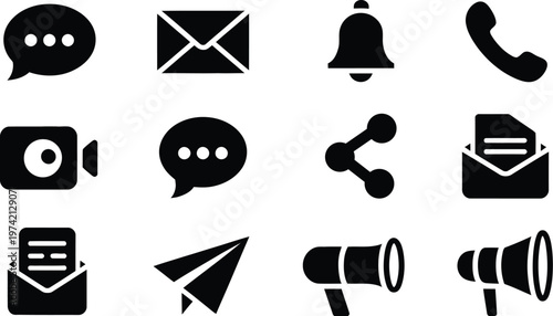 hat bubble, envelope, bell, phone, video camera, share symbol, paper airplane, and megaphone communication notifications