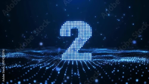 Digital countdown number 10 glowing with blue particles and futuristic waves.