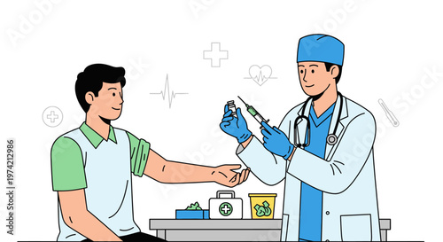 Doctor giving injection to patient, medical vaccination, healthcare concept