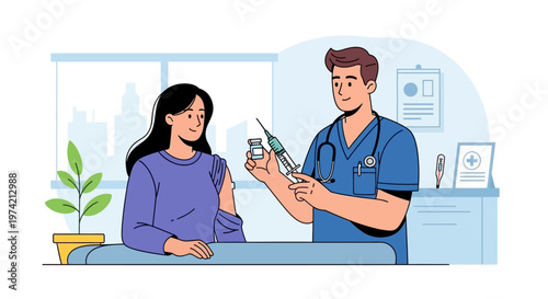 Doctor giving vaccine injection to patient in clinic, healthcare concept