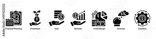 Finance Strategy web banner icon vector illustration with icons of Financial Planning,Investment,Cost,Revenue,Profit Margin,Forecast and Cashflow