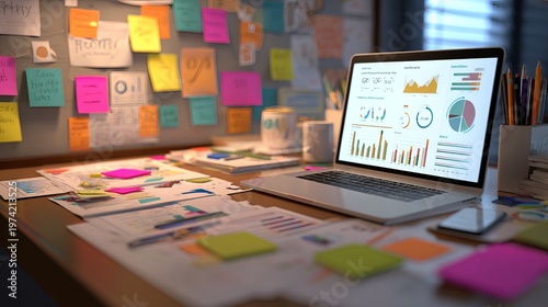 Startup business planning workspace with sticky notes, laptop marketing analytics dashboard, coffee mug and notebook, modern creative office interior, no people