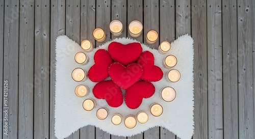 Romantic Red Heart Pillows Surrounded by Lit Candles on White Faux Fur Rug Over Wood Floor