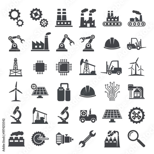 Industrial Icons Set: Manufacturing, Technology, and Engineering Symbols