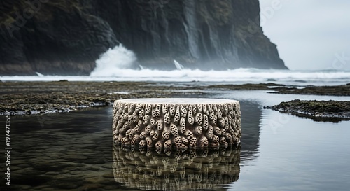Round Organic Textured Stone Podium in Coastal Tidal Pool with Crashing Waves and Dark Cliffs