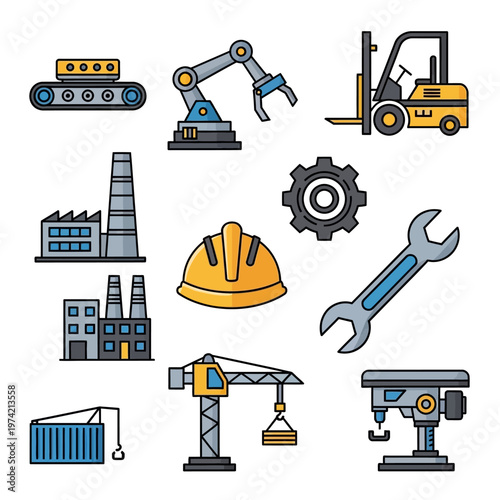 Industrial machinery and equipment icons: factory, crane, forklift, robot arm, conveyor, wrench, gear, hard hat