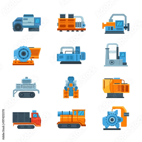 Industrial Machinery and Equipment Set - Heavy Industry Machines Vector Icons