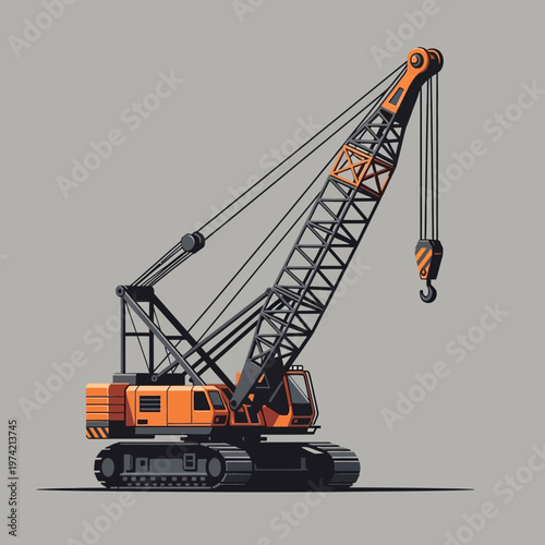 Orange crawler crane with black boom on gray background, construction equipment illustration