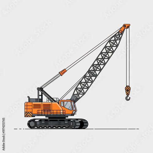 Orange crawler crane with long boom and hook on light gray background, construction equipment