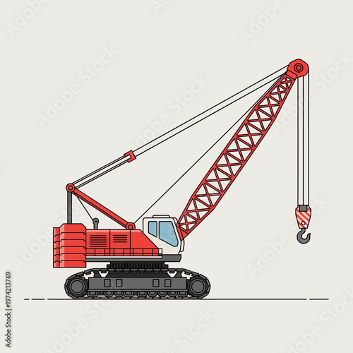 Red crawler crane with hook and boom on a light gray background