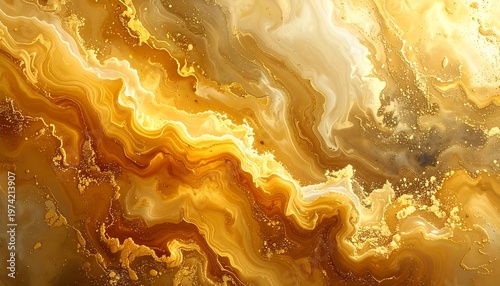 Fluid, swirling abstract art. Warm colors meld and flow, resembling precious stones or molten metal, creating a radiant, textured effect