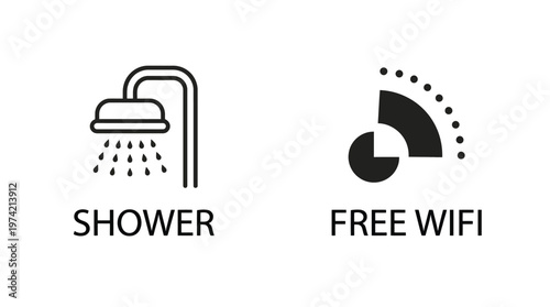 Shower and Free WiFi hotel amenities icons, modern black line style, for hospitality industry