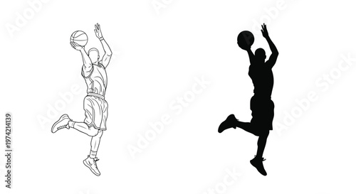 Professional basketball player jumping to shoot a ball in this clean black and white vector illustration