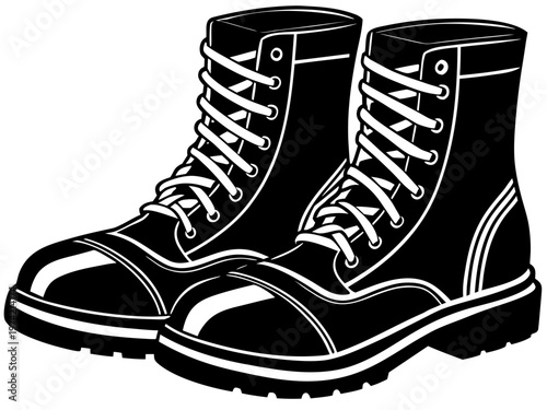 Pair of black combat boots laced on plain white background