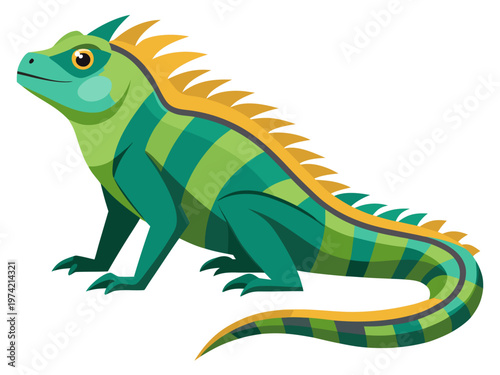 Green striped iguana sitting on white studio background