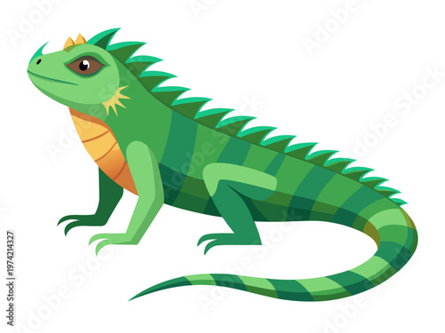 Bright green iguana crouching on plain white background