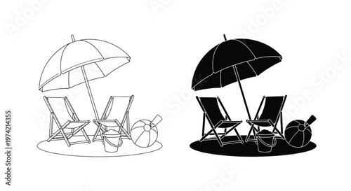 Outline and silhouette vector graphic of a beach setup with umbrella, chairs, and toys