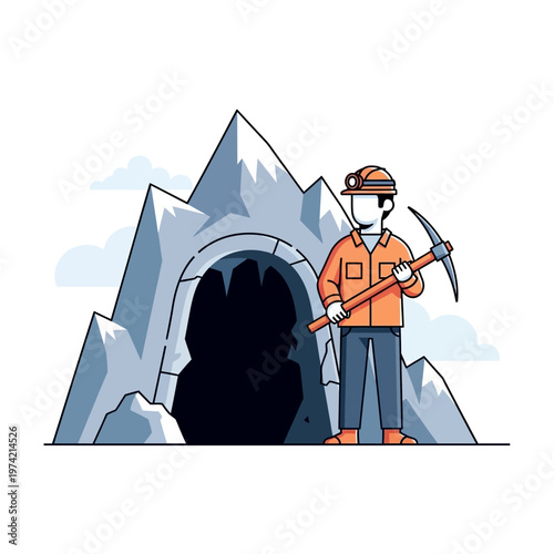 Miner with pickaxe standing at cave entrance, mining industry concept