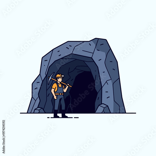 Miner with pickaxe standing at dark cave entrance, mining concept