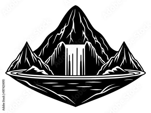 Mountain center with waterfall pouring into calm water basin