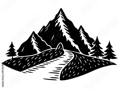 Mountain range with winding river and pine tree landscape