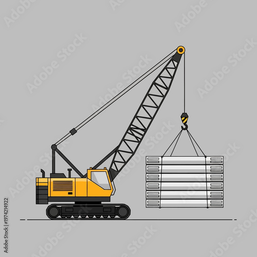 Yellow crawler crane lifting concrete slabs at construction site