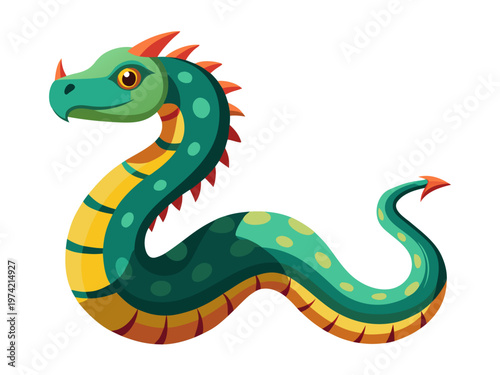 Green serpent illustrated with spines coiled on white background