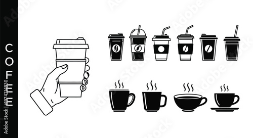 A comprehensive vector graphic illustration showcasing various coffee cups, mugs, and takeaway drink containers.
