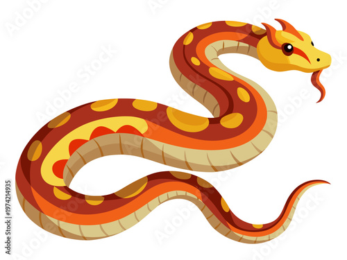Colorful snake slithering in curved pose on white background