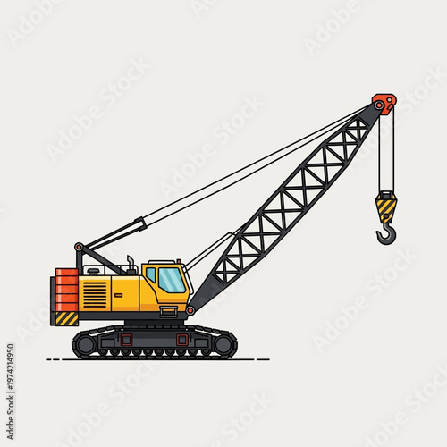 Yellow crawler crane lifting heavy load with hook on construction site, heavy machinery